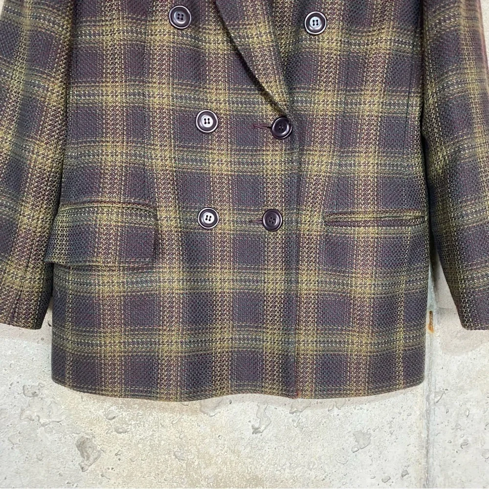 Vintage Oleg Cassini brown plum purple tan plaid double breasted blazer medium 8